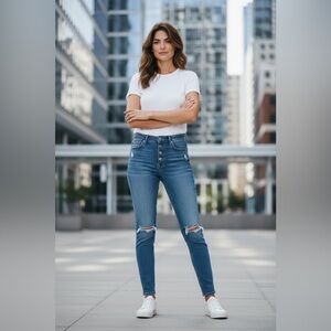 FRAME Le High Skinny Jeans — Button Fly, Distressed, Medium Wash